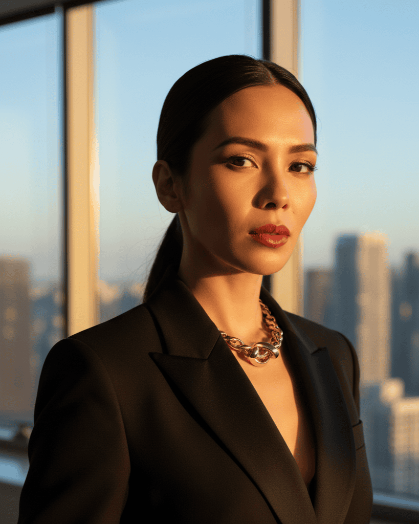 Corporate Baddie AI headshot style with sharp high-contrast authority